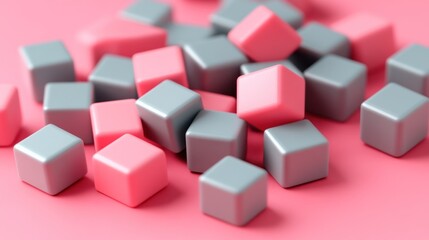Pink and gray cubes scattered on pink background.