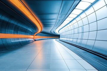 Futuristic subway tunnel with orange neon lights and blue walls.