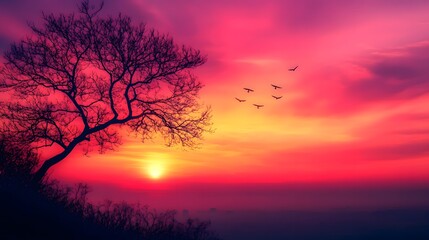 Morning sunrise paints sky in vibrant pink and orange, featuring silhouetted bare tree with dramatic branches and soaring birds, capturing peaceful daybreak scene in moody nature setting.
