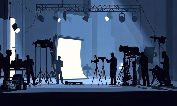 Commercial video crew working on a movie set with professional lighting and equipment, Silhouettes of film, concept for film production and movie making