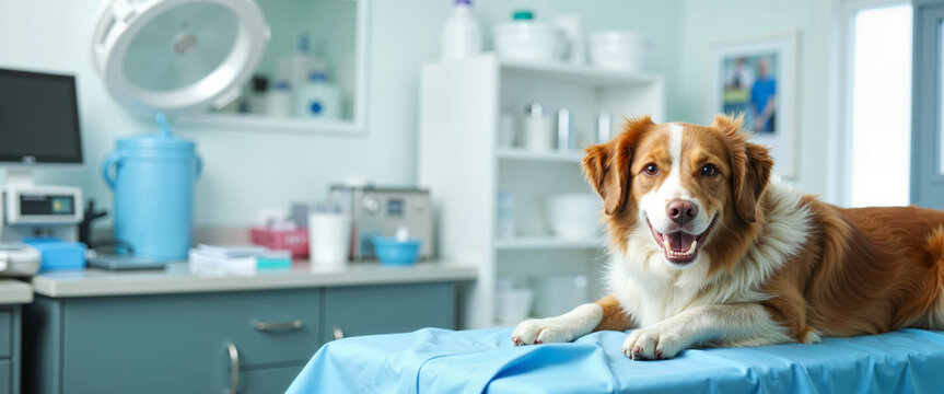 Happy dog resting on examination table in veterinary clinic, pet care