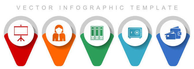 Seminar pointer collection, miscellaneous icons such as board, woman, archive, safe and money, flat design vector infographic template in eps 10