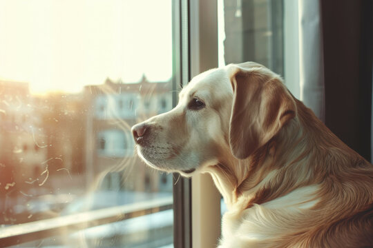 Golden retriever dog gazing out the window with sunlight streaming in.