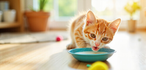 Playful kitten drinking milk from blue saucer in bright kitchen, joy
