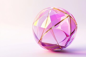 Pink glass sphere with gold accents on white background.