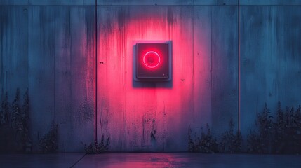 A glowing neon circle illuminates a textured wall, creating a moody atmosphere with hints of blue and pink hues.