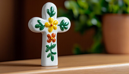 A High-Detail Macro Shot Capturing the Intricate Textures and Elegance of a Charming Small White Ceramic Cross, Staged Against a Soft, Natural Background to Highlight Its Beauty and Craftsmanship