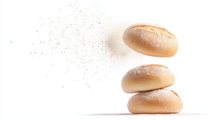 Freshly baked bread rolls with flour dusting in air