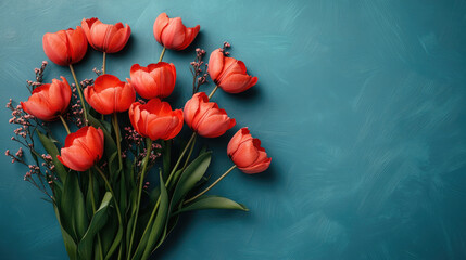 Red tulips on a blue background. Banner for Mother's Day, Birthday. Copy space