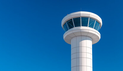 A tall, white airport control tower rises majestically against a vibrant blue sky, symbolizing aviation authority and modern architecture in an expansive urban landscape.