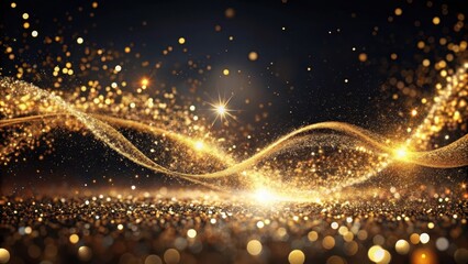 Sparkling gold glitter swirls in a mesmerizing dance on a dark background, sophisticated, glamorous,  sophisticated