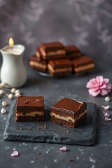 Warm golden hour light, soft pastel colors, chocolate cheesecake squares on slate background.