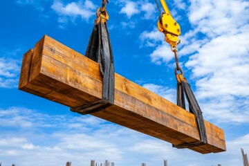 Industrial aerial view of crane lifting heavy timber beams at construction site - engineering focus