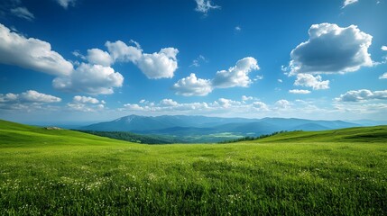 Obraz premium Rolling green meadow stretches beneath vibrant blue sky with fluffy white clouds, featuring distant mountain range and scattered rocks, capturing peaceful countryside in bright summer day.