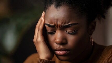 Young woman experiencing throbbing headache, seeking relief from migraine