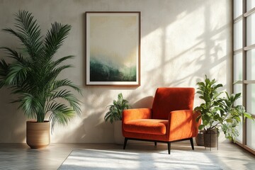 Sunlit Living Room Interior Design Orange Armchair Plants and Abstract Art