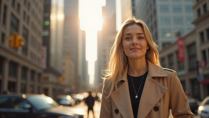 Obraz premium Confident Young Woman Walking in the City at Sunset