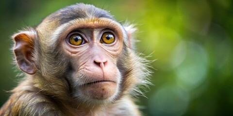 Fototapeta premium Close-up of a curious monkey with big brown eyes, looking at something in the distance with interest, curious, adventure
