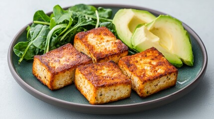 Air fryer recipes healthy, Fried tofu served with avocado slices and fresh greens on a round plate.
