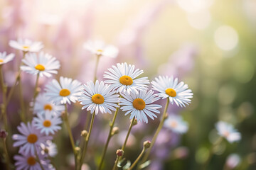 Delicate Spring Background with Blooming White Daisies, Sunlight, and Soft Bokeh for Seasonal and Floral Themes
