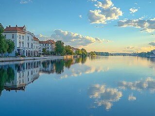 Fototapeta premium Riverfront buildings sunset reflection