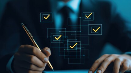 Businessman working with glowing document flow icon office digital workflow professional setting close-up innovation