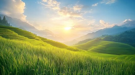 Sunlit rice terraces in mountains at sunset.