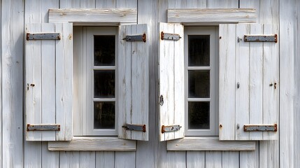 Obraz premium White wooden window shutter adorns rustic wall with vertical planks and textured grain, showcasing farmhouse architecture and vintage style through weathered details in moody lighting.