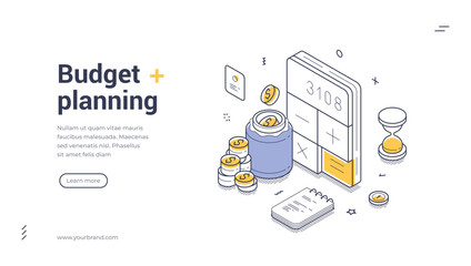 Budget planning modern isometric line art web banner. Financial management tools, including a calculator, savings jar, coins, notebook, and hourglass, emphasizing budgeting and saving techniques