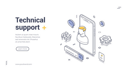 Online tech support assistance, showcasing a figure emerging from a smartphone surrounded by various tech-related icons. Modern isometric line art web banner, landing page template