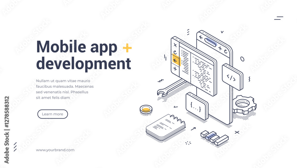 Poster mobile app development web banner features a detailed isometric line art design. icons and elements 