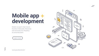 Mobile app development web banner features a detailed isometric line art design. Icons and elements like coding screens and tools, emphasizing modern tech design