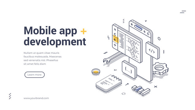 Mobile app development web banner features a detailed isometric line art design. Icons and elements like coding screens and tools, emphasizing modern tech design