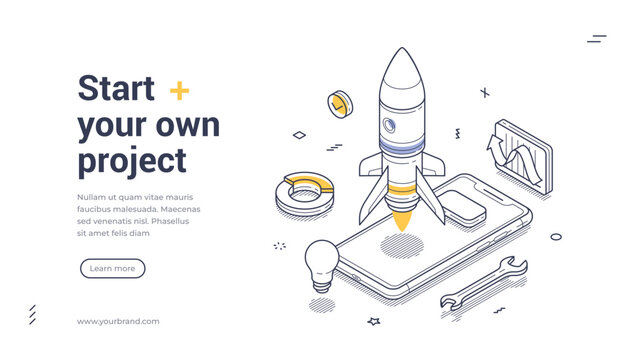Isometric line art web banner template promotes project initiation. Featuring a rocket, smartphone, and tools, it serves as a web banner to inspire creativity and action