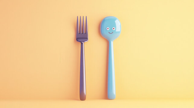 picnic conpect, Silly fork and spoon with smiling faces on yellow background