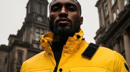 Against a backdrop of classic architecture, a man stands with confidence, wearing a bright yellow jacket. The overcast sky enhances the striking color of his attire, creating a bold visual contrast