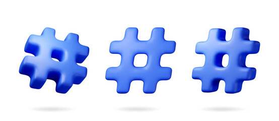 3d blue realistic hashtag symbol isolated on white. Render hash tag icon for social media. Chat message, communication, ad, search and online community. Blog and social network. Vector illustration