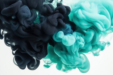 Dense clouds of black and teal ink colliding in water, forming a dramatic and artistic abstract pattern. Concept of duality, creativity, and movement.
