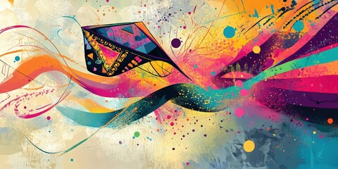 Fototapeta premium A vibrant pop art illustration of a dynamic kite soaring through an explosion of colorful abstract shapes, splashes, and energetic brushstrokes