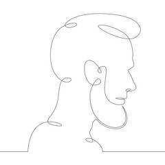 One continuous drawing line logo young man portrait profile head bust side view .Single hand drawn art line doodle outline isolated minimal illustration cartoon character flat