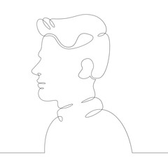 One continuous drawing line logo young man portrait profile head bust side view .Single hand drawn art line doodle outline isolated minimal illustration cartoon character flat