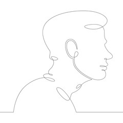 One continuous drawing line logo young man portrait profile head bust side view .Single hand drawn art line doodle outline isolated minimal illustration cartoon character flat