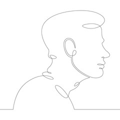 One continuous drawing line logo young man portrait profile head bust side view .Single hand drawn art line doodle outline isolated minimal illustration cartoon character flat