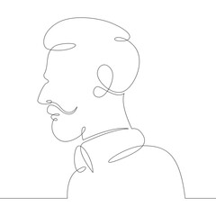One continuous drawing line logo young man portrait profile head bust side view .Single hand drawn art line doodle outline isolated minimal illustration cartoon character flat