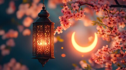 Glowing Lantern and Cherry Blossoms Under a Crescent Moon at Sunset