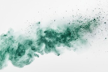 Obraz premium Delicate green ink mist spreading across a white background with scattered droplets. Concept of softness, fluidity, and organic movement.