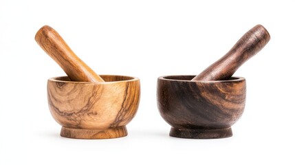 Two Wooden Mortars and Pestles Resting on White Background