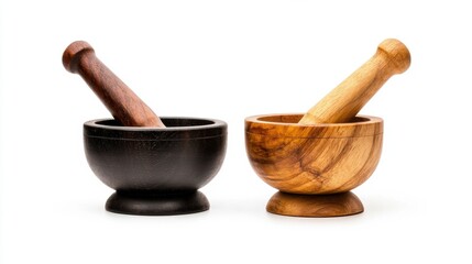 Two Wooden Mortars And Pestles A Dark And A Light Brown