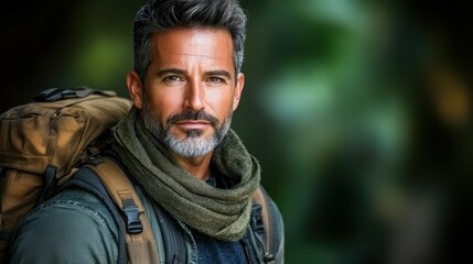 Fototapeta premium A man with silver-streaked hair and a beard stands confidently in a forest, wearing a warm scarf and backpack. He embodies the spirit of outdoor exploration