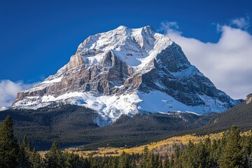Fototapeta premium Snowy Mountain Peak, Autumn Foliage, Sunny Day, Mountain Range